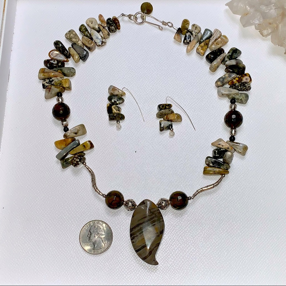 Handcrafted Ocean Jasper Necklace & Earrings w/Handwrought Clasp & Earwires